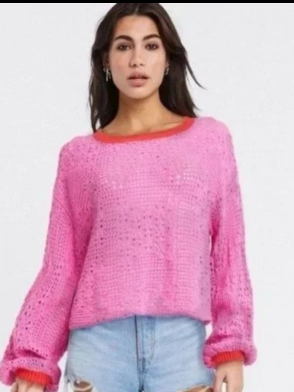 Free People Pink Open-Knit Sweater with Coral Trim